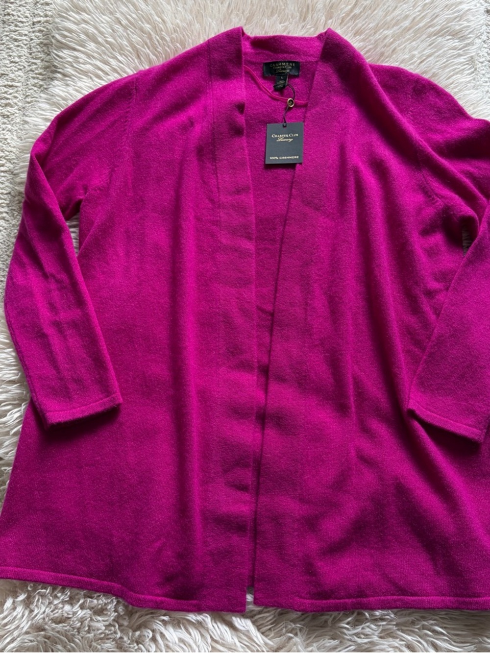 NWT Charter Club 100% Cashmere Fuchsia Large open Cardigan